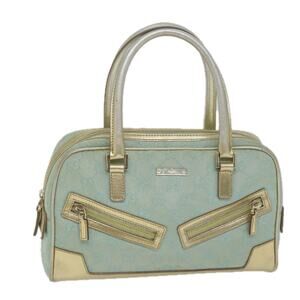 GUCCI GG Canvas Handbag Light Blue Gold Tone
